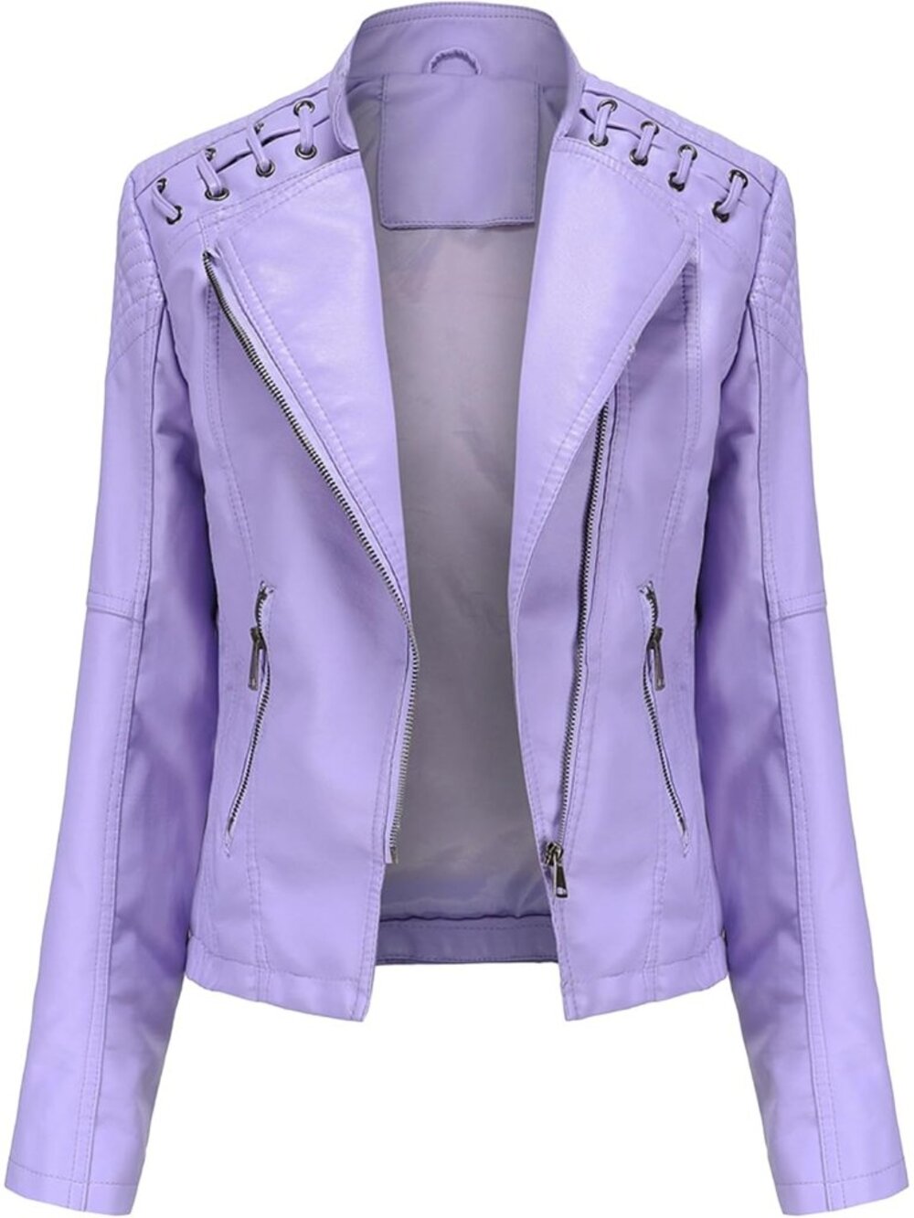 Women’s Lapel Light Purple Faux Leather Zip Up Moto Biker Jacket Short Slim Fit